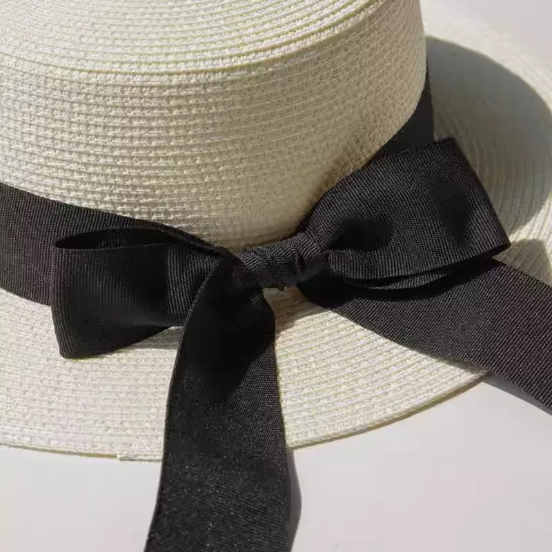 Summer Straw Hat For Women 2024 New French Ribbon Bow Flat Brim Sun Hat Casual Ladies Sun Protection Outdoor Beach Hat gorras 모자