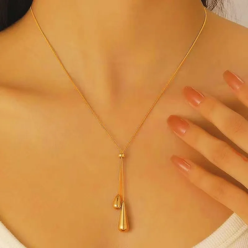 LUXUKISSKIDS Stainless Steel Adjustable Water Droplet Tassels Necklace Women Clavicle Choker Fashion Golden Jewelry Party Gifts
