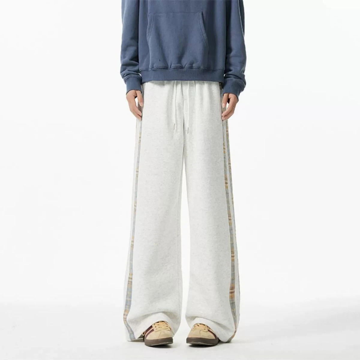 

Vintage Style Fleece Lined Sweatpants Men Women Winter Plaid Patchwork Loose Fit Straight Leg Casual Pants Comfy Warm Streetwear