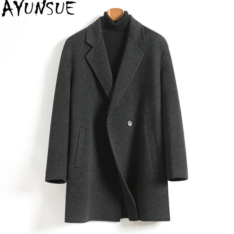 AYUNSUE New Autumn Winter 100% Wool Coat Man Clothing Loose Fashion Double-sided Woolen Jacket Men Suit Collar Mid-long Overcoat