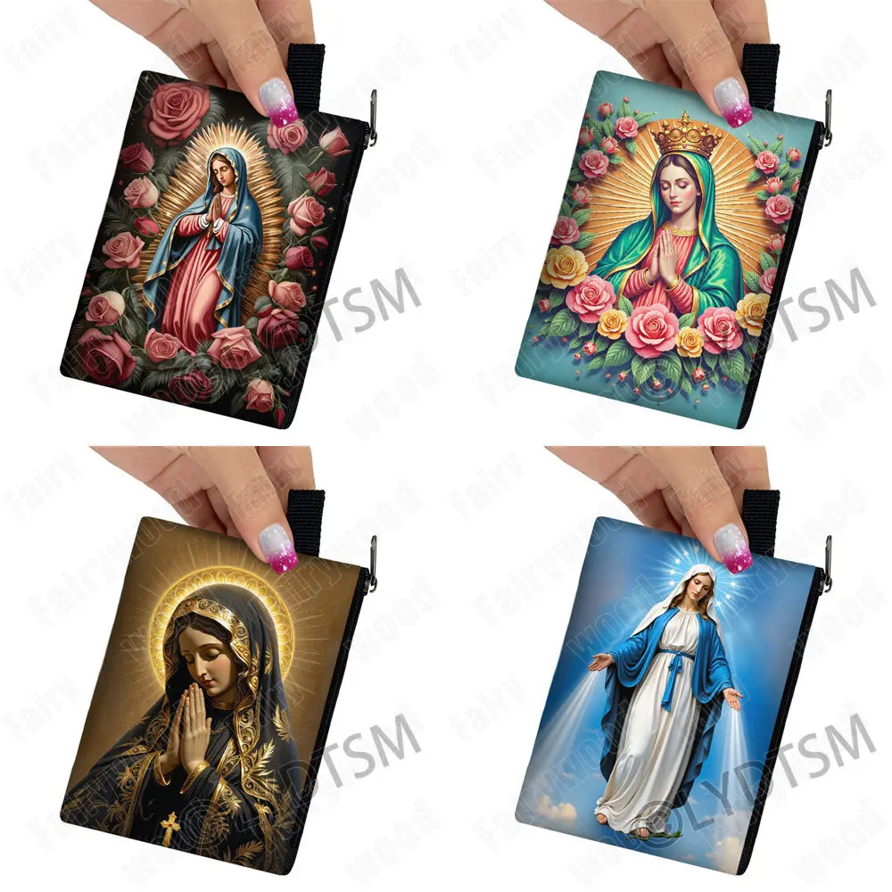 Monederos con estampado de la Santísima Virgen María, señora de Guadalupe, tarjetero en efectivo, cartera pequeña, bolsa con cremallera, organizador de auriculares