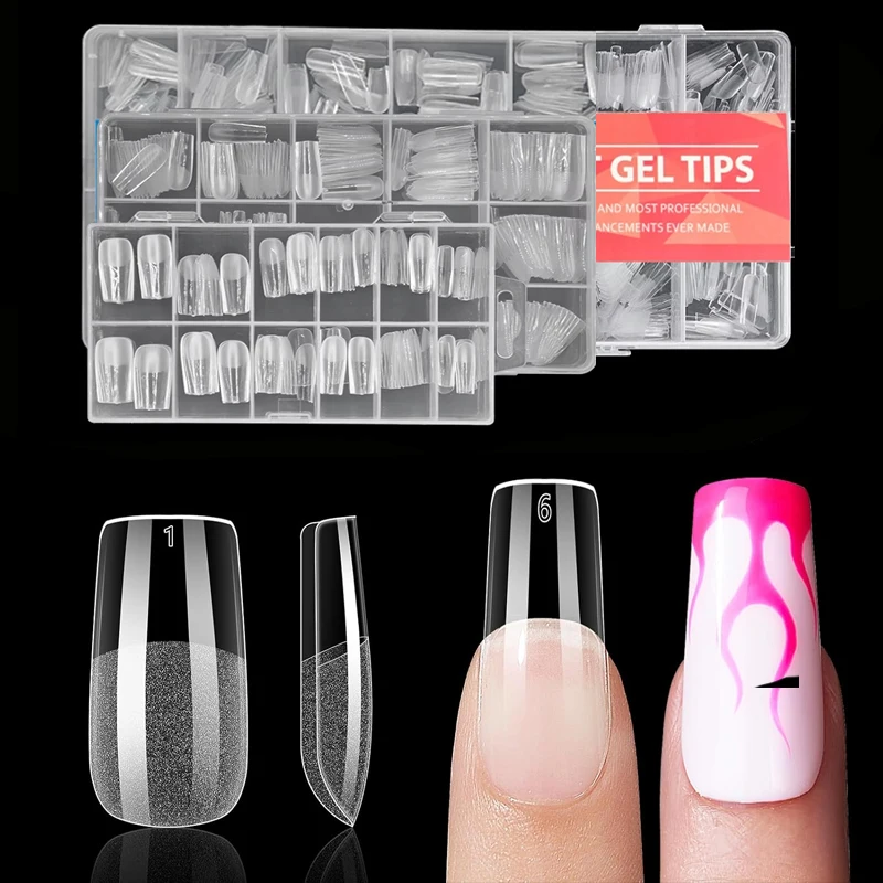 120 Pieces, 450 Pieces, 600 Pieces Medium-Sized Square Nail Tips: 240 Pieces of Soft Gel Transparent Square Pre-Shaped Nail Tips, 12 Different Sizes Full Cover False Nail Tips Suitable for Acrylic Nail Tips, Home Diy, Salon Nail Art