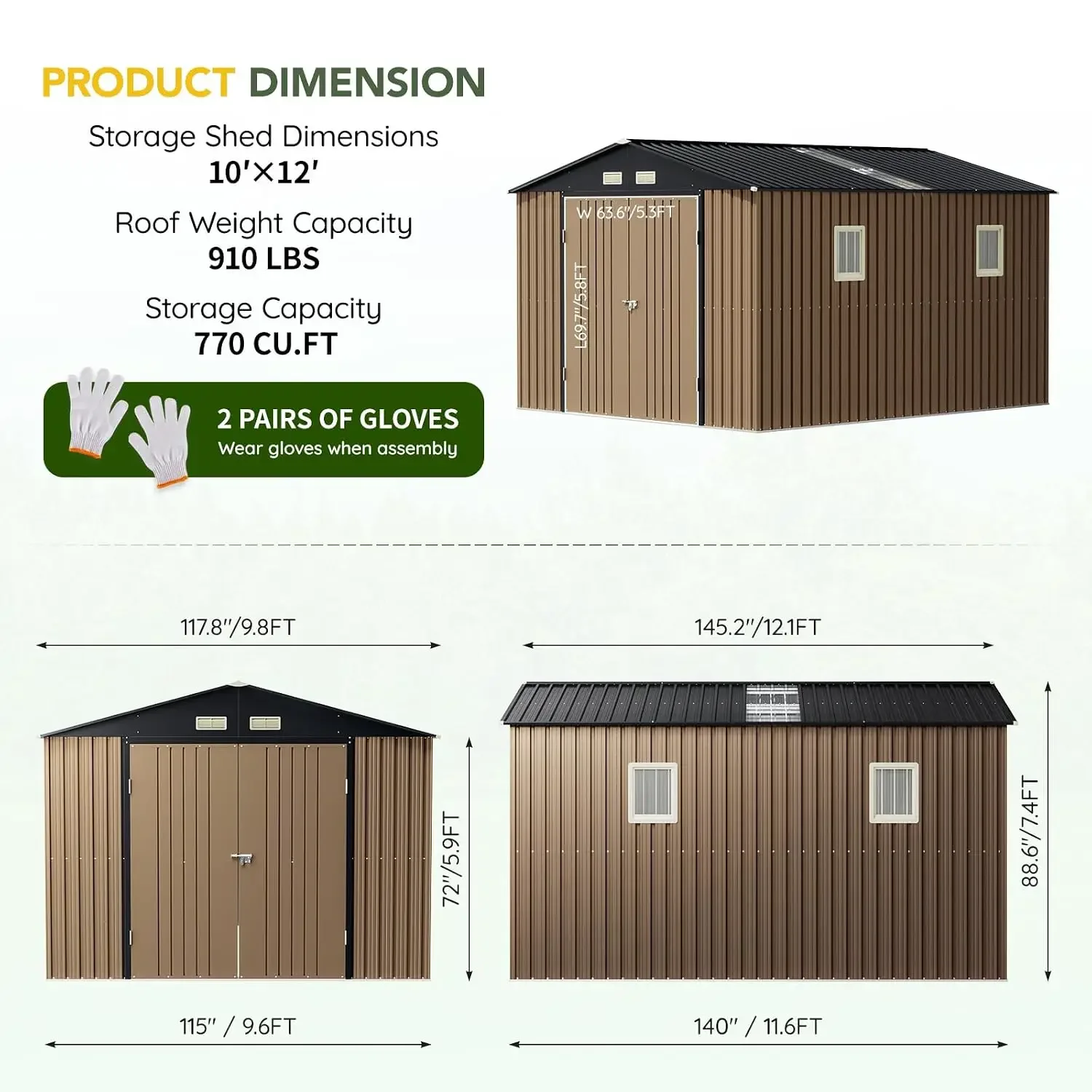 Outdoor Steel Storage Shed, 10 x 12 ft, Brown, Customized