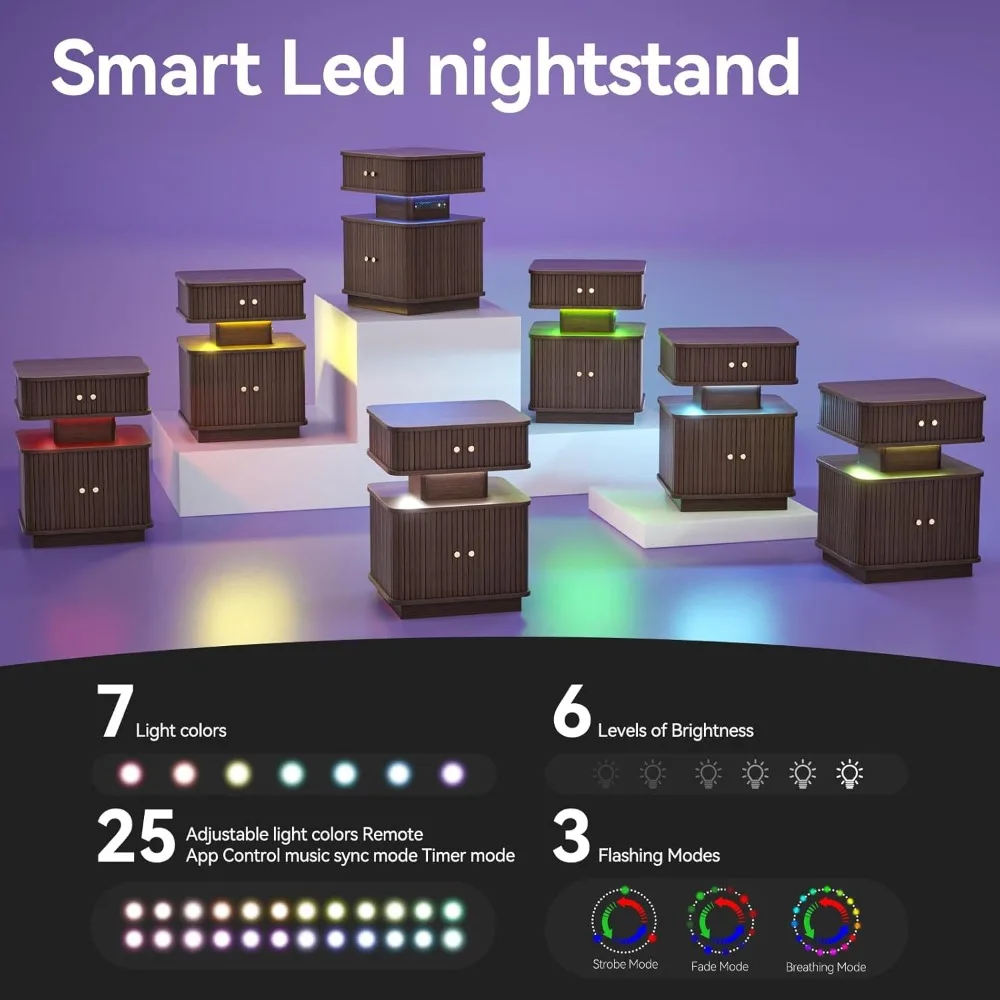 حامل ليلي، منضدة LED، منضدة حديثة مع قاعدة شحن، حامل ليلي مع درجين وباب منزلق، حافة متعرجة، S #4