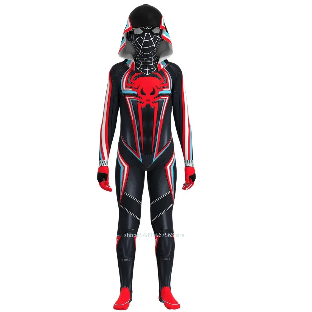 Spiderman 2099 Miles Morales Cosplay Costume or Kids Adult Black Spider Man Bodysuit with Hat Superhero Children Jumpsuit