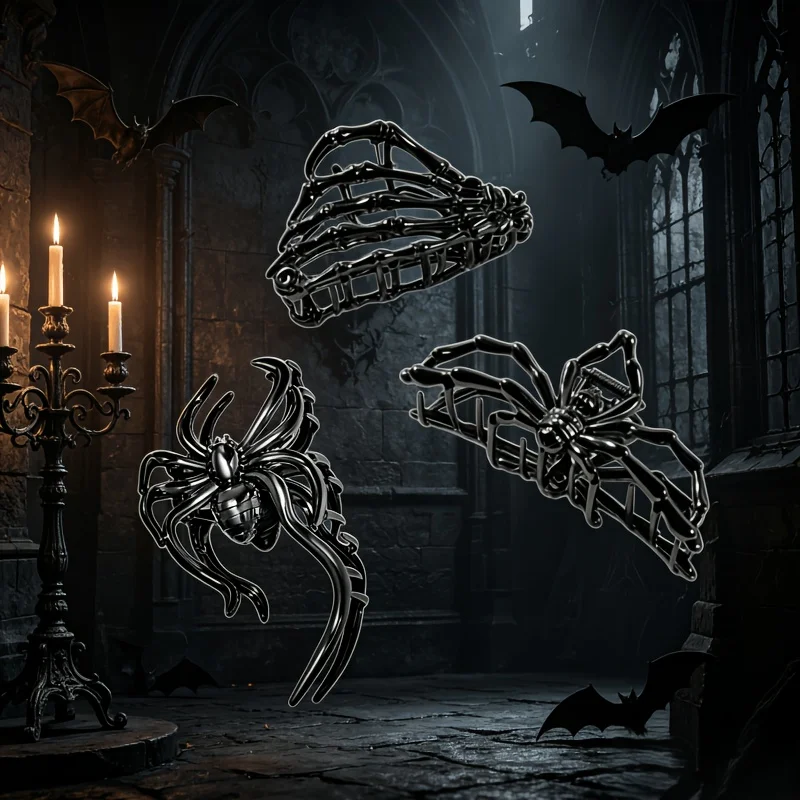 3pcs Halloween Black Metal Spider Hair Clips, Gothic Spider Skeleton Hair Barrettes, Punk Horror Hair Accessories For Halloween - view 2