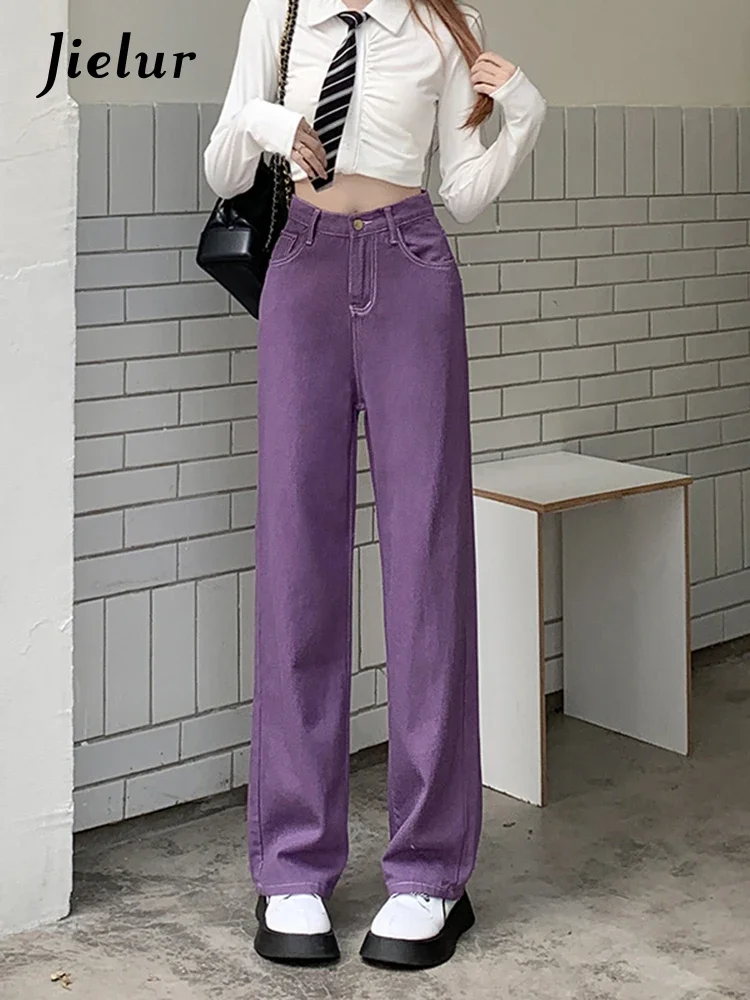 

Jielur High Waist Y2K Baggy Jeans Woman Autumn Loose Straight Wide Leg Purple Pants Korean Fashion Long Denim Pants Women S-XL