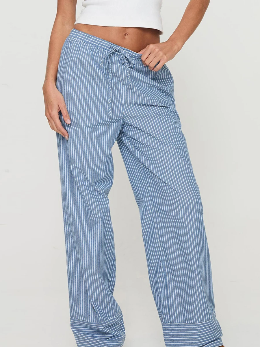 

Women Striped Pajama Pants Elastic Waist Straight Wide Leg Trousers Casual Loose Fit Going Out Bottoms with Pockets Sleepwear