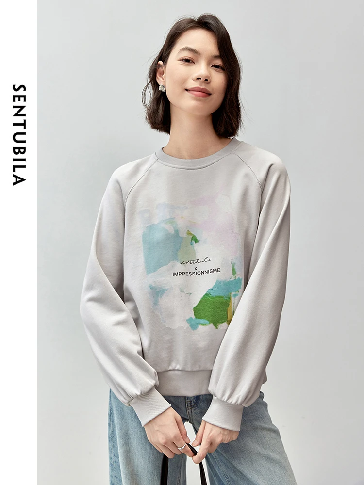 

SENTUBILA Letter Print Cotton Knit Sweatshirt Women 2024 Autumn Casual Loose Round Neck Simple Comfort Clothes Women 143A56705