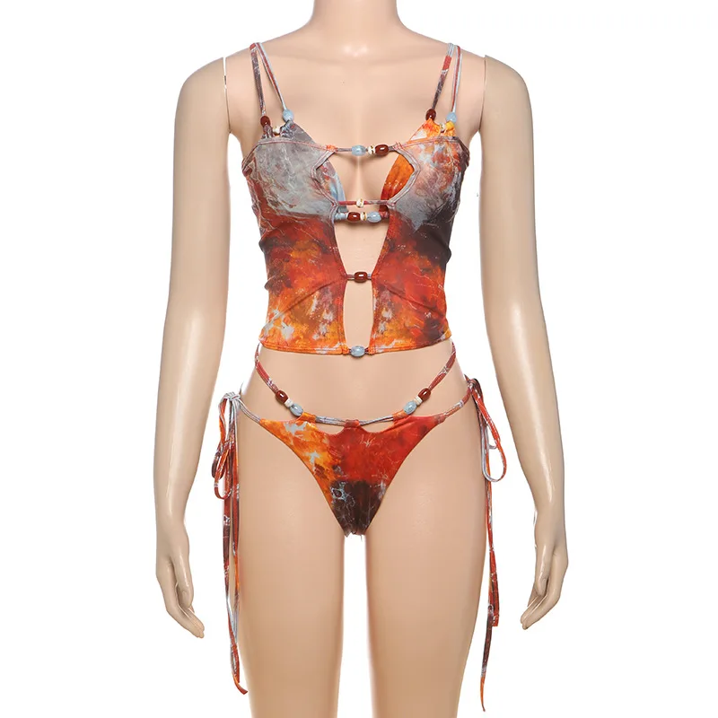 VEITCHE Sommer-Perlen-Patchwork-Bikini, 3-teiliges Set, sexy bunte BH-Tops + störende Slips + hohle Röcke, Strand-Badeanzüge – Detail 15