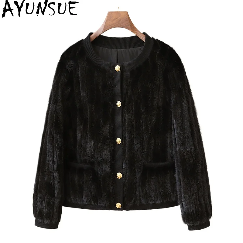 

AYUSNUE Real Female Mink Fur Coat Women Warm Winter Clothes Patchwork Mink Womens Coat Long Sleeve New in Coats Шуба Женская