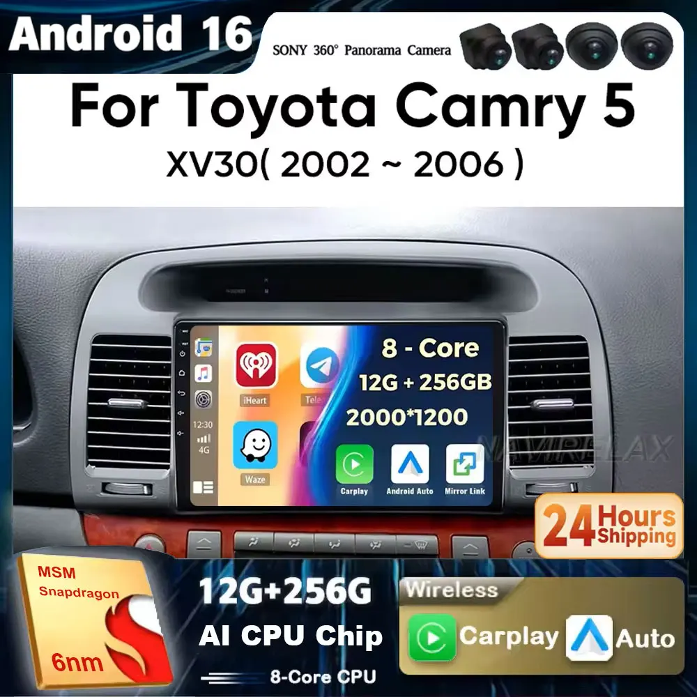 Android 16 For Toyota Camry 5 XV 30 2002-2006 2K QLED Stereo Car Radio Multimedia Video Player GPS AI Voice CarPlay Head Unit 4G