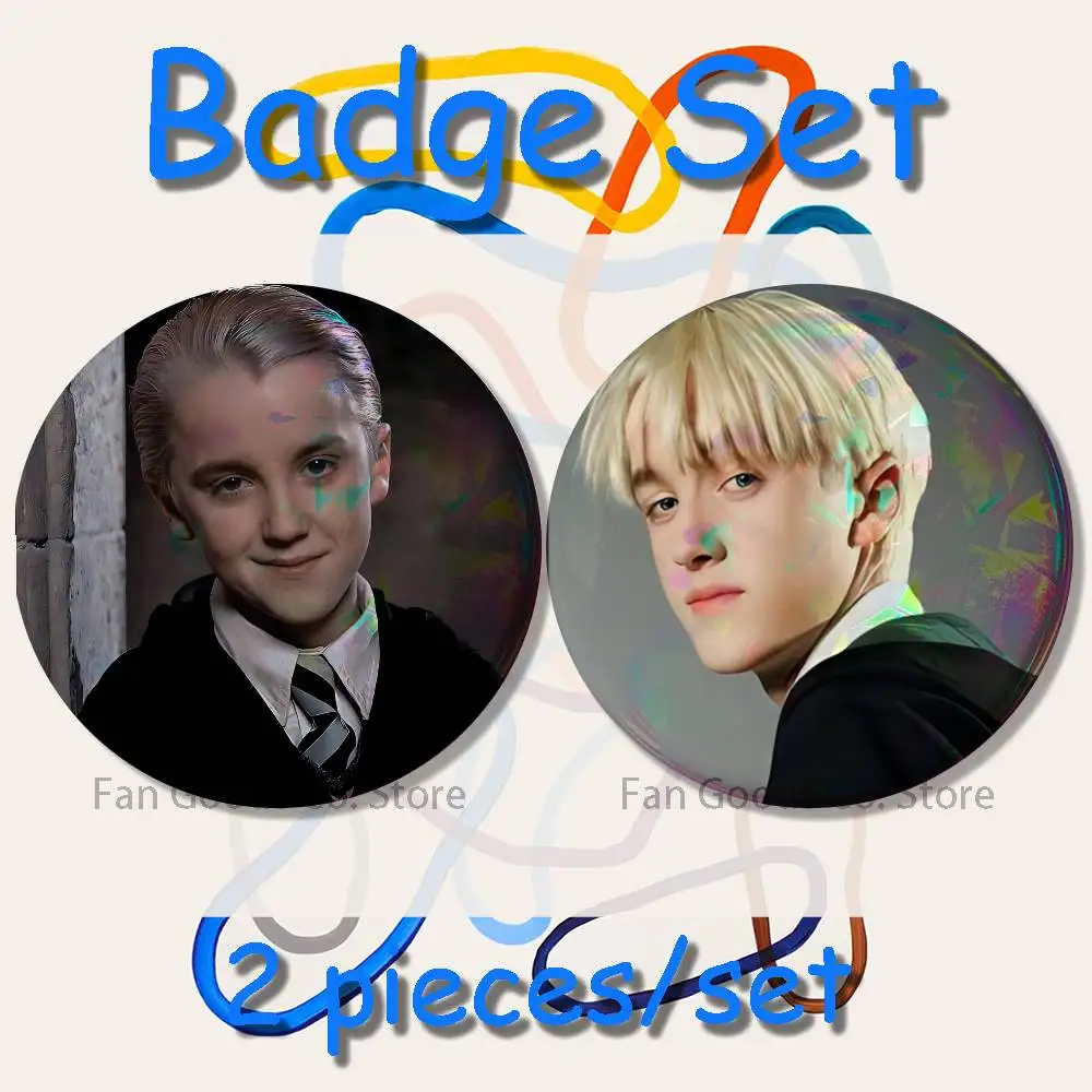 D-Draco Malfoy Tom F-Felton 2-teiliges Set Anstecknadeln für Rucksack, Kleidung, Schmuck, Accessoires, runde Brosche, Button-Abzeichen, Fans-Kollektion, Geschenk – Detail 9