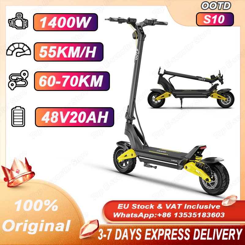 OOTD S10 Scooter Eléctrico 10 pulgadas Bluetooth Link APP 1400W Motor 48V 20AH 55 KM/H kilometraje máximo 70km Scooter ligero suspensión Dual