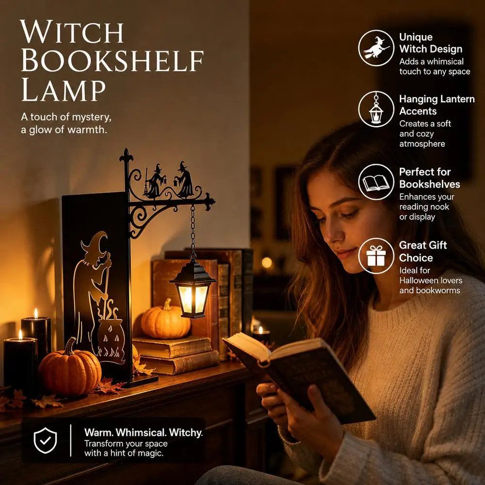 Witch Silhouette Bookshelf Light Metal Bookend Lamp Shadow Projection Warm Glow Dual‑use Decor For Reading Corner Dorm Halloween