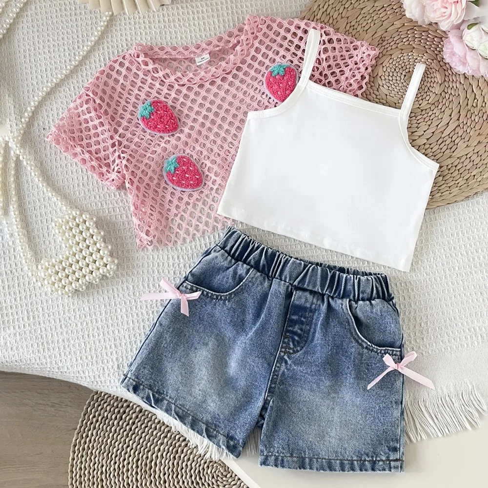 2026 New Spring Summer Girls 3 Piece Set Hollow Out Cover Up Solid Cami Top & Bowknot Jeans Outfit  for 4-7Y