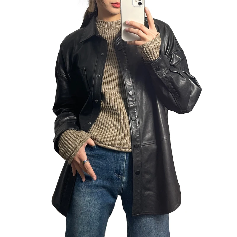 2022 New Women's Leather Jacket Solid Simple Button Genuine Sheepskin Vegetable Tanned Leather Coat Shirt Spring Autumn CL4020