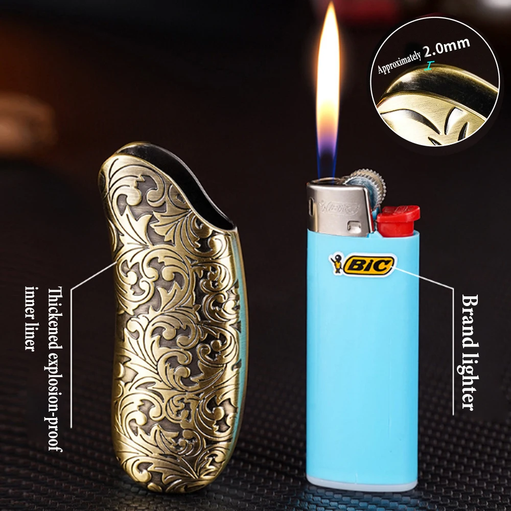 Banana Shaped Metal Case For BIC Lighter Mini J5 Golden Pattern Gas Lighters Decorative Shell