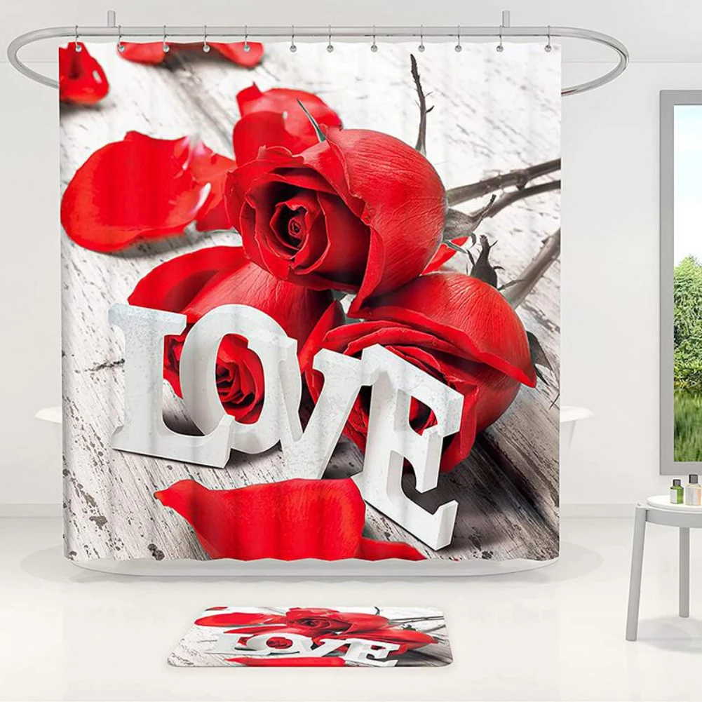 Romantic Rose Print 3D Shower Curtain Waterproof Polyester Bathroom Curtain Set Toilet Lid Cover and Bath Mat Valentine\'s Day