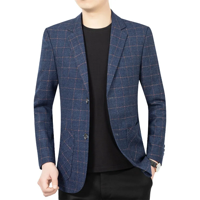 Men Blue Plaid Blazers Jackets New Spring Autumn Male Business Casual Suits Coats Man Slim Fit Blazers Jackets Coats Size 4XL