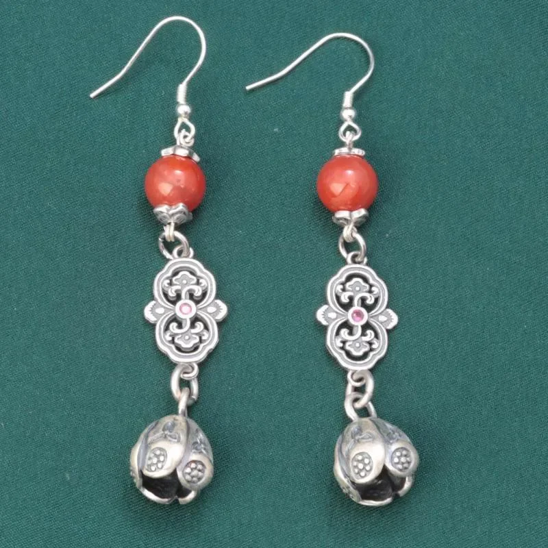 

Retro 925 Sterling Silver Long South Red Agate earrings For Women Chinese Style Bud Hanging Jewelry Wholesale EH231