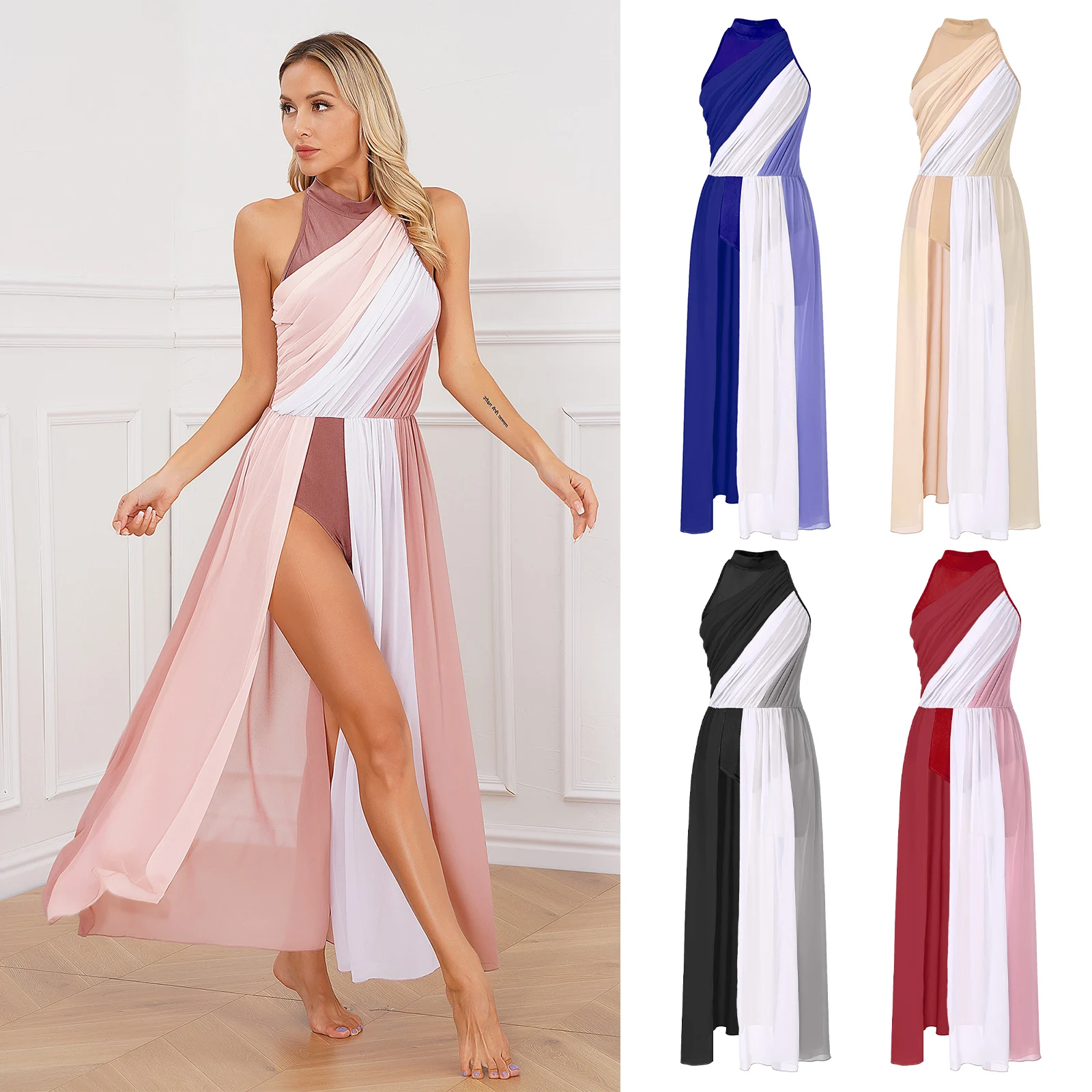 Traje de dança lírica feminino chiffon cor bloco split sheer ballet ginástica collant vestido desempenho contemporâneo dancewear