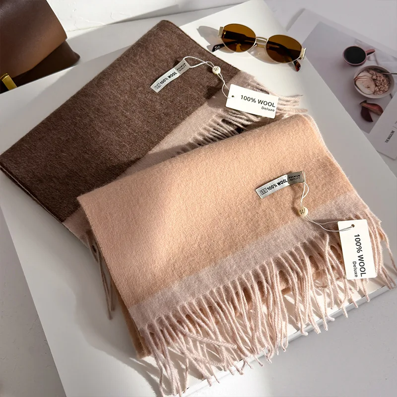100% Australian Wool Double‑Sided Spliced Scarf, Korean Fresh Style Warm Neck Wrap, Ins Fashion for Women, Students & Couples