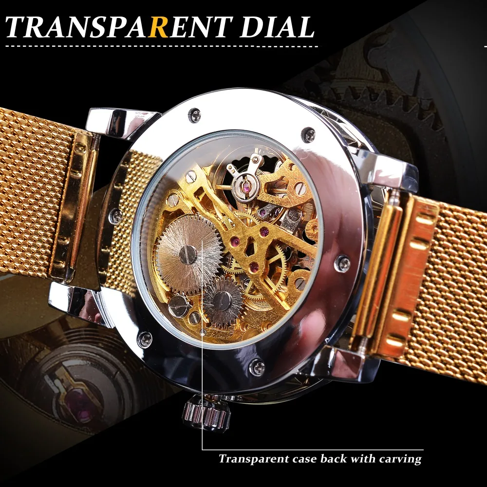 WINNER brand Golden Men mechanical watch skeleton fashion business mesh steel strap watch men and women watch