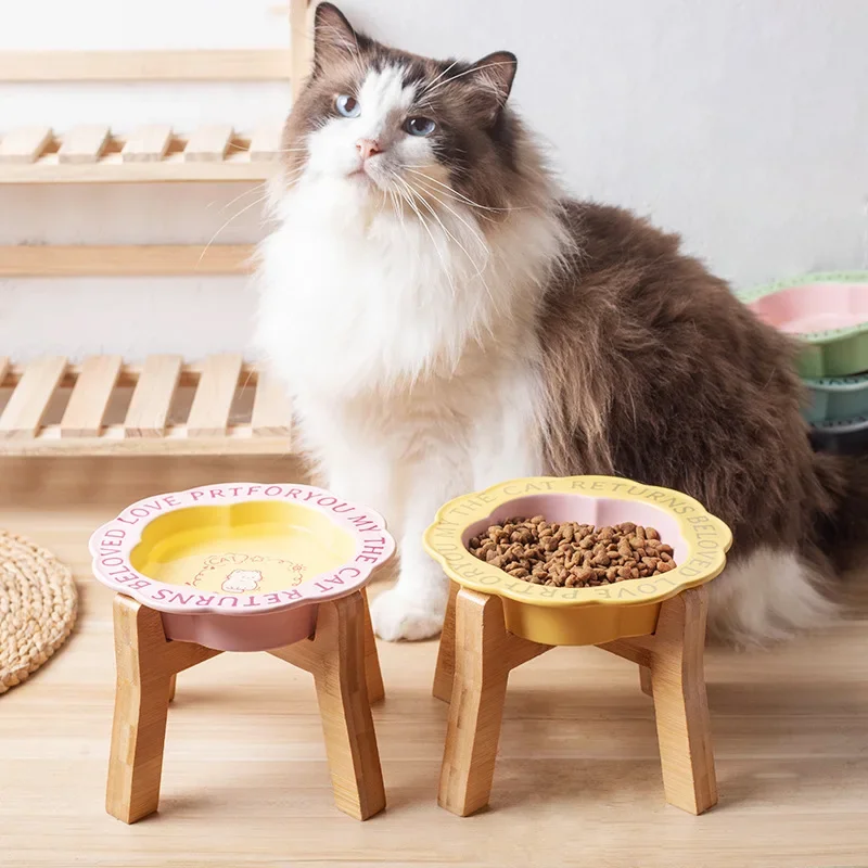 Cuenco de cerámica para comida de gato persa con estante de madera, cuenco antigolpes para barbilla negra, cuenco para perros pequeños, incluye taza de agua para comida enlatada