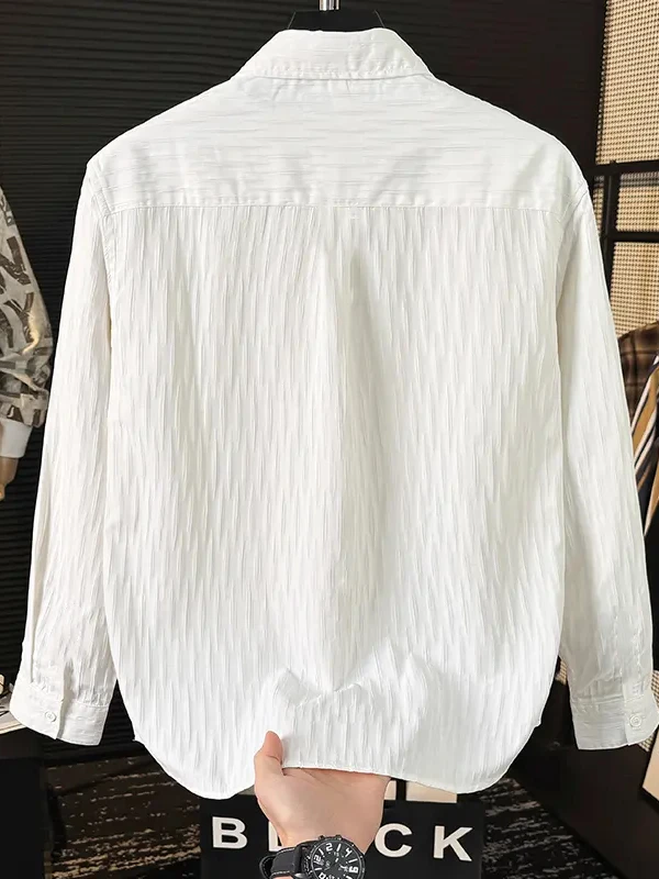 Casual Ice Silk Bubble Men's Anti-Wrinkle Summer Loose Fashionable Long Sleeve Shirt Urban Style Flip Collar Button Closure image 4