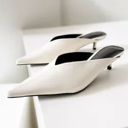 Pointed Leather Short Heel Muller Slippers 5cm Thin Heel White Sandals 35-43 Casual Women's Feet Sandals V-shaped Skirt Slippers