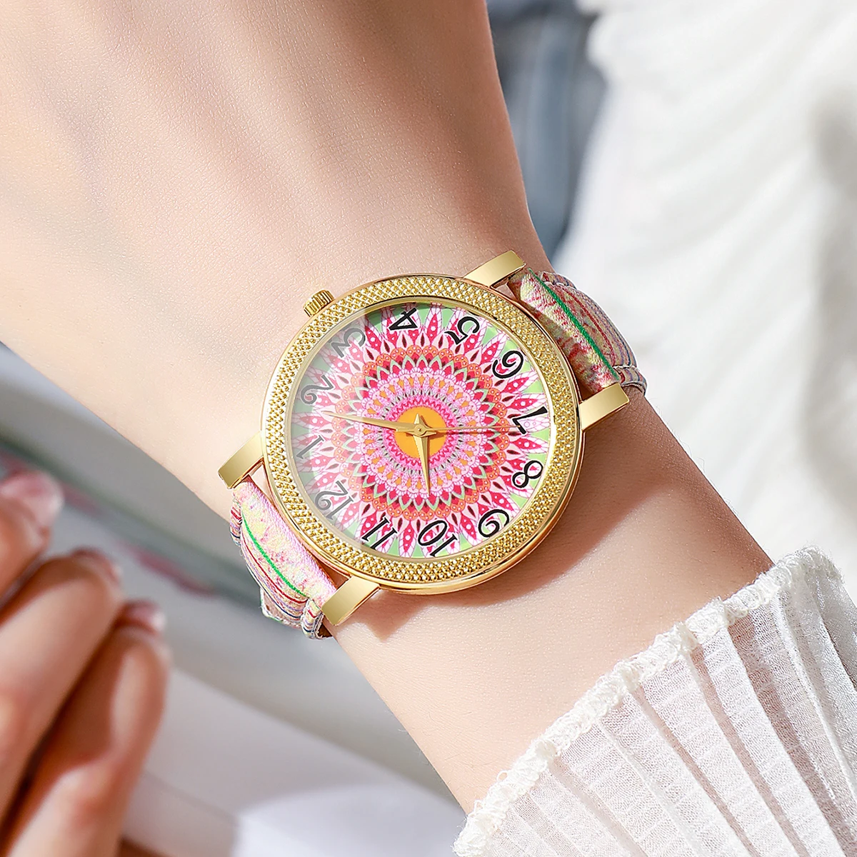 1/6/7PCS Fashion Leather Strap Women Watches Vintage Printed Ladies Quartz Wristwatch Reloj Mujer Girls Clock Gift (Without Box)