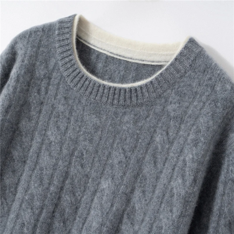 ADDONEE Sweter Pullover Leher-o Kasmir 100% Wanita Rajutan Kabel Pakaian Rajut Kasmir Gaya Sederhana Atasan Pakaian Musim Gugur Musim Dingin