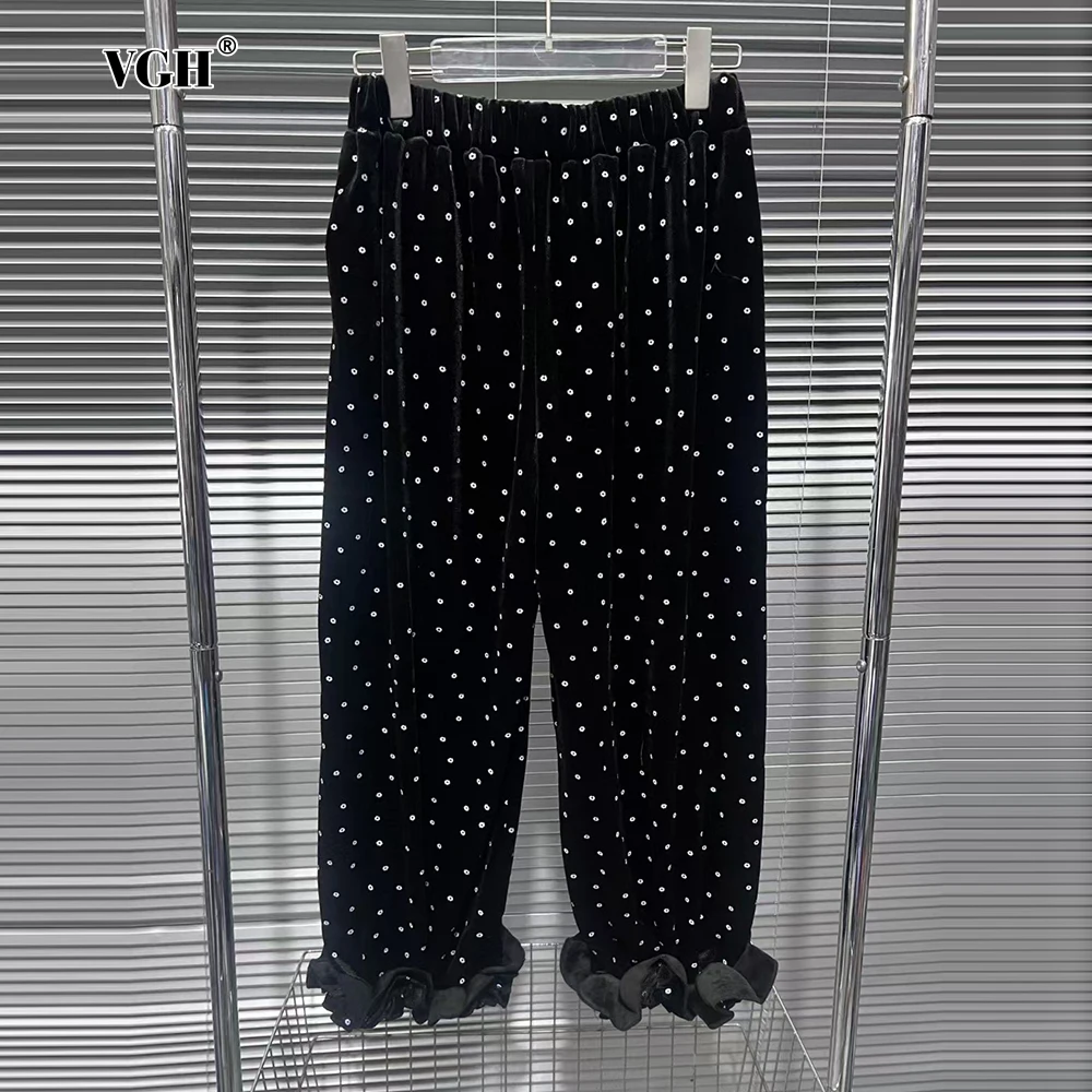 VGH Polka Dots Print Velve Bloomers for Women High Waist Patchwork Fungus Hem Retro Loose Trousers Female Fashion Style Clothing