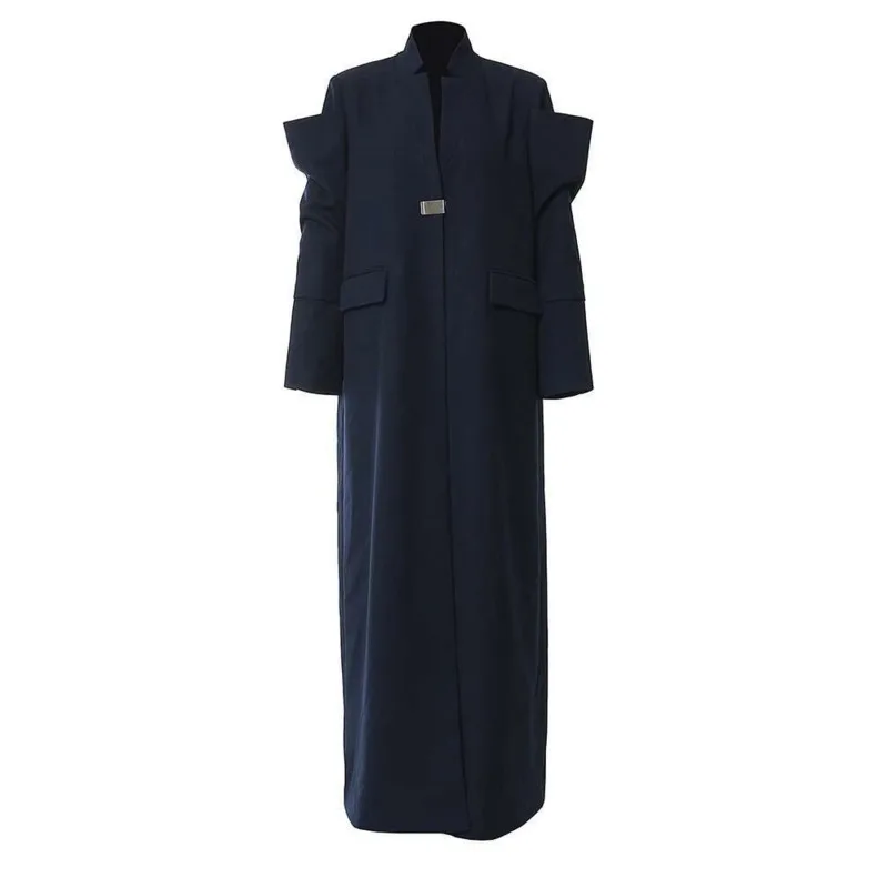 

Women Navy Blue Elegant Long Shaped Blazer New Stand Collar Long Sleeve Jacket Fashion Tide Spring Autumn 2025