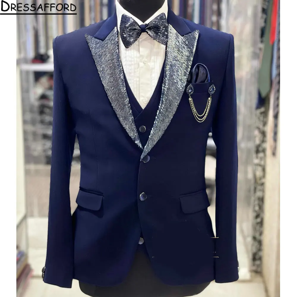 

Royal Blue Formal Men Suits 2 Piece Beading Fashion Business Casual Wear Party Wedding Groom Tuxedo Jacket And Pants