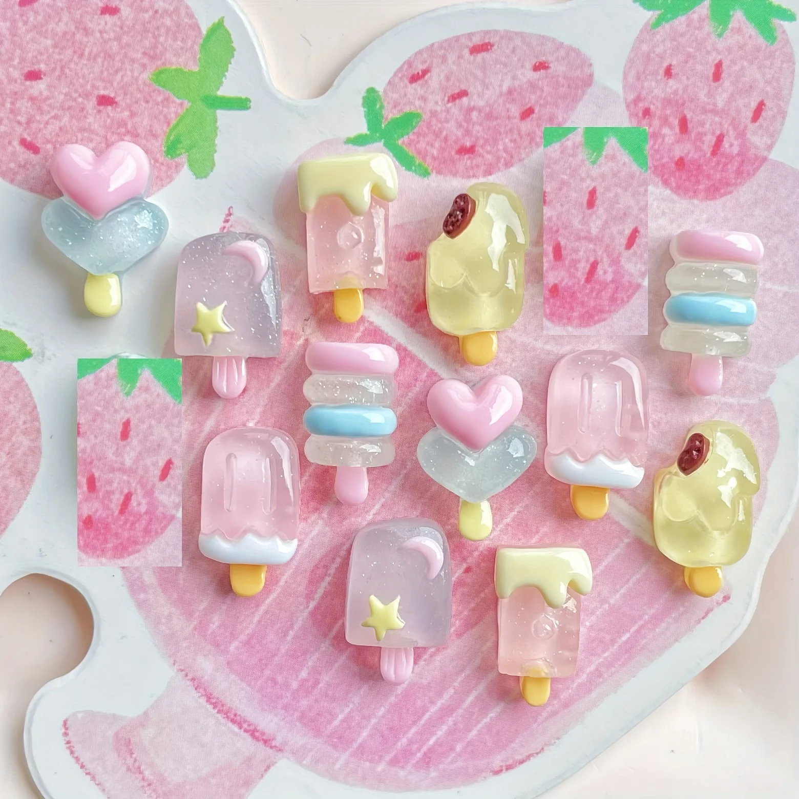12Pcs Transparent Ice Layered Resin Beads Heart Star Strawberry DIY Jewelry Nail Hair Clip Craft Party Decor Accessory