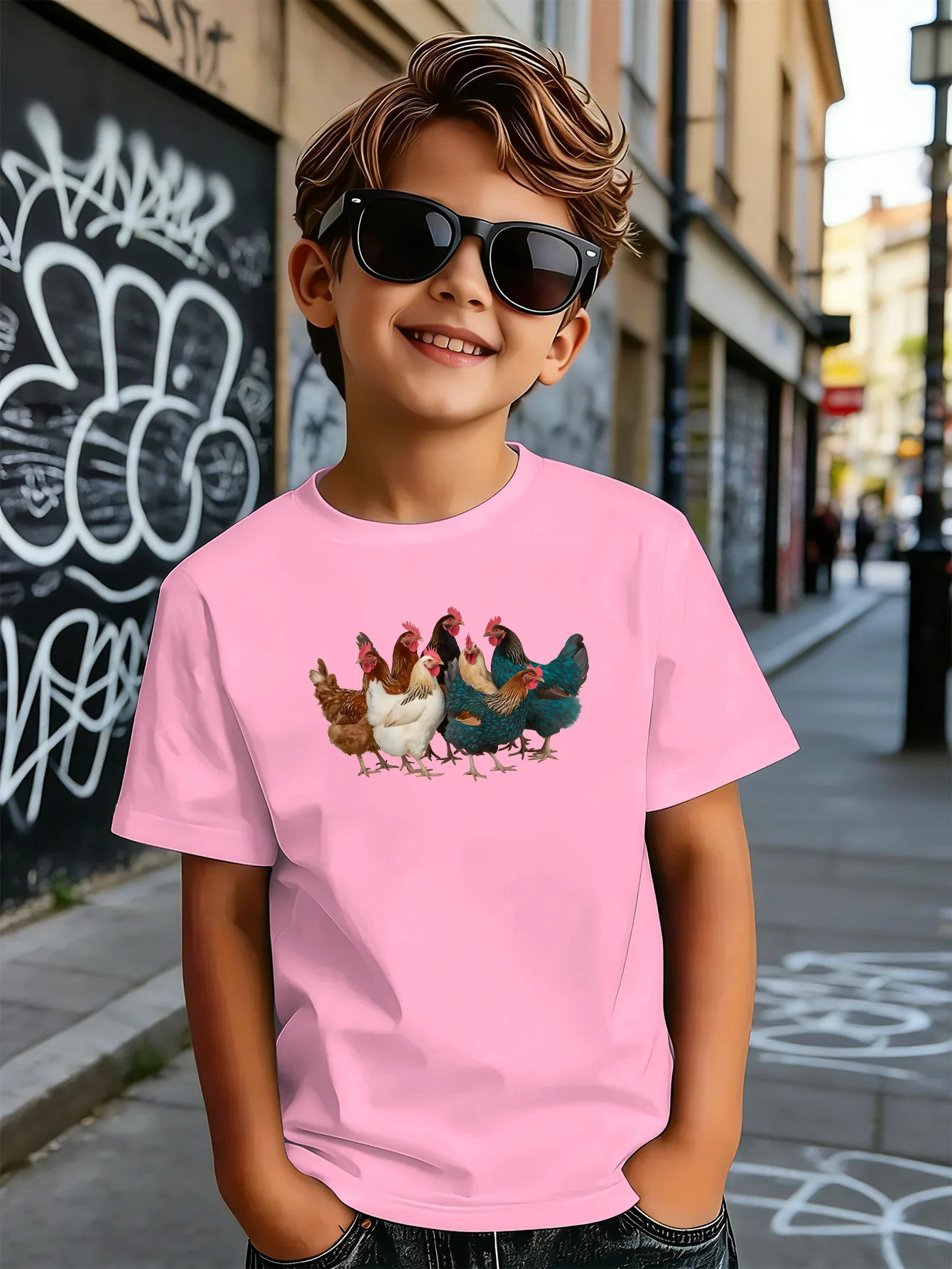 Farm Chicken Flock Realistic Animal Print Boys Girls Family Matching Cotton Short Sleeve Crew Neck Soft Summer Kids Casual Tees