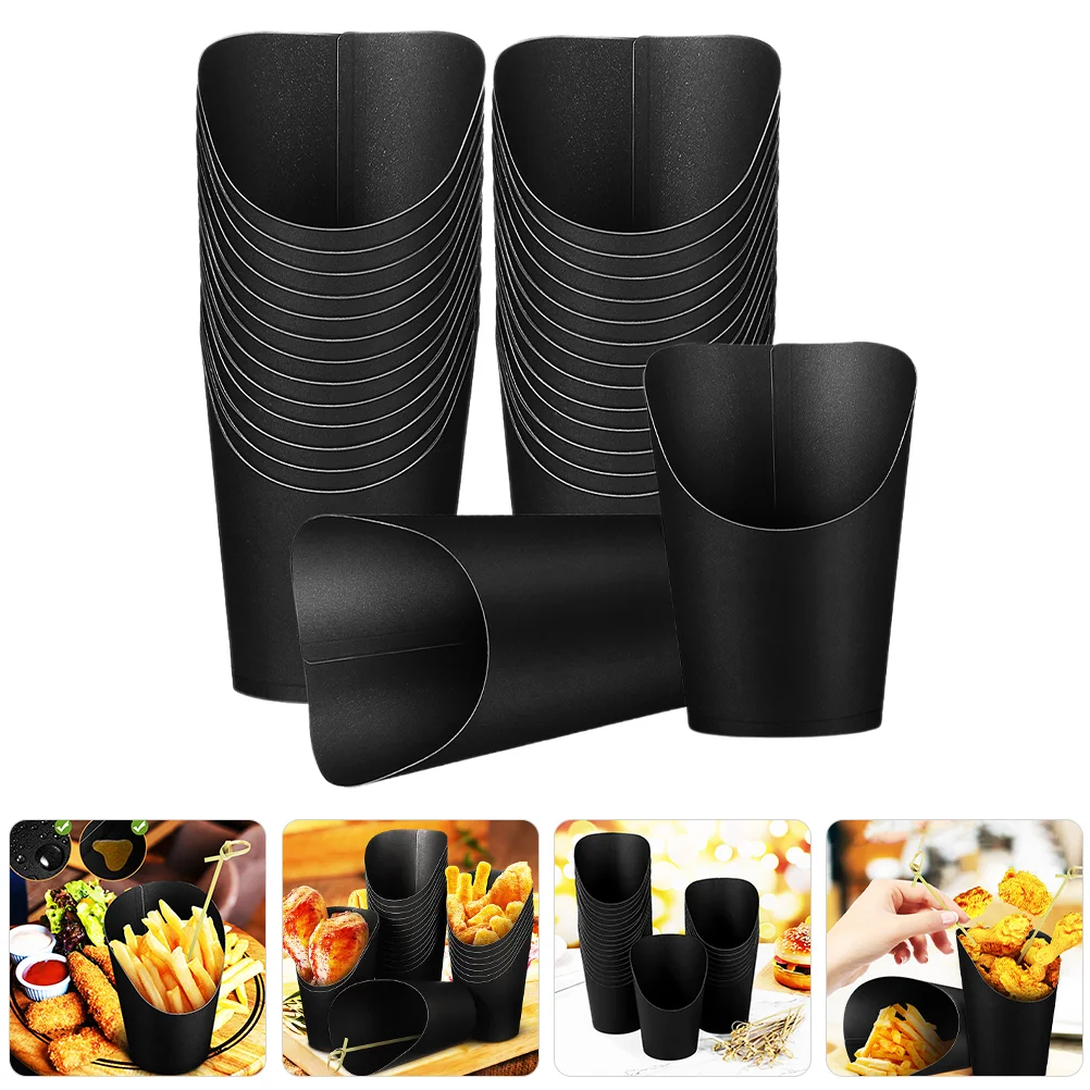 50 Pcs Waffles Thickened Black Kraft Paper Slanted French Fries Cup Portable Fry Holders Snack Small Containers Cups