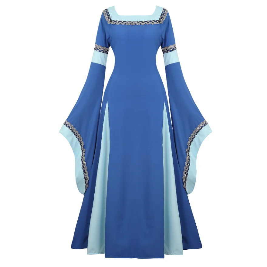 Vrouwen Middeleeuwse Renaissance Trompet Mouw Retro Vloerlengte Jurk Kanten Afwerking Ierse Over Lange Jurk Halloween Kostuum Plus Size