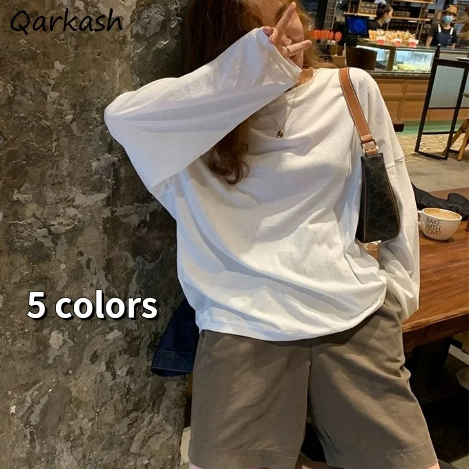 

Женские футболки с длинным рукавом, весна, 5 цветов, однотонные, простые, свободные, с круглым вырезом, красочная уличная одежда, базовая повседневная студенческая одежда, модный шик