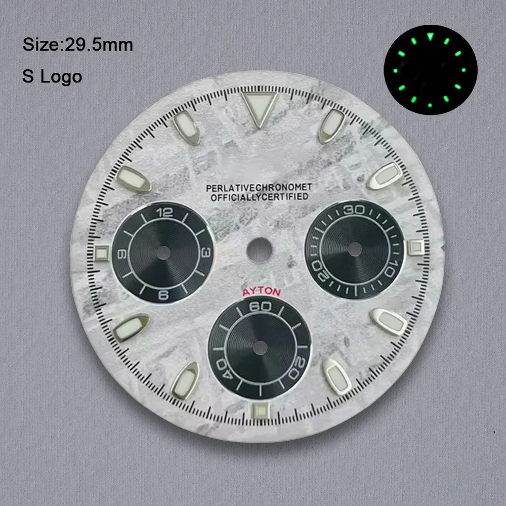 S ロゴ 29.5 ミリメートル DTN パンダダイヤル VK63 クォーツムーブメントに適したグリーン発光高品質時計修正アクセサリーツール