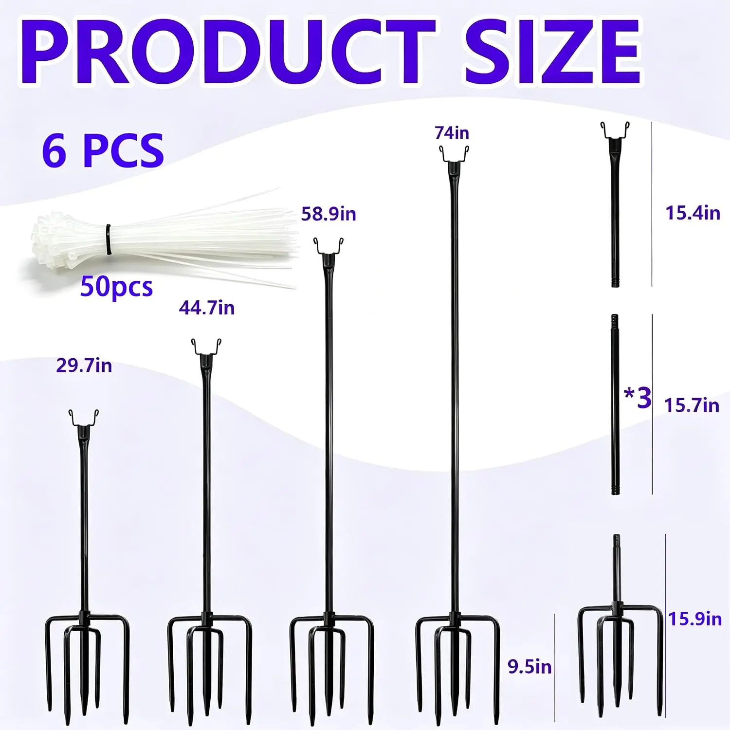 6 Pack 74 Inch Heavy Duty Metal Garden Netting Support Stakes 5 Prong