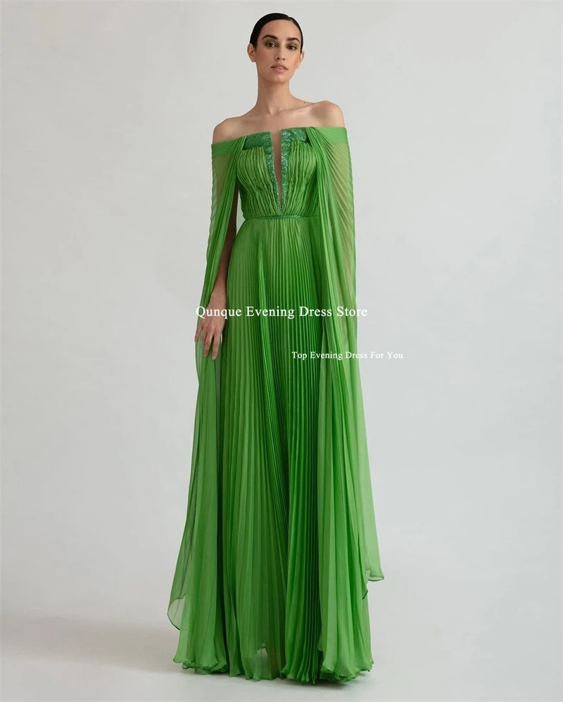 Qunque Strapless Sleeveless Chiffon V-neck Prom Dresses Sexy Back Zipper Long Green Pleat Party Gowns Customized Vestido De Gala