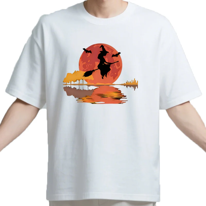 Camiseta gráfica de Halloween para hommes et femmes, sorcière volant dans le ciel, horrible lune, ropa vintage, t-s