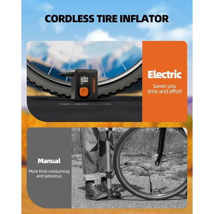 เครื่องอัดอากาศไร้สายแบบพกพาพร้อมจอแสดงผลค่าคู่แบบดิจิตอลและไฟ LED สำหรับเติมลมยางรถยนต์ จักรยาน และรถจักรยานยนต์