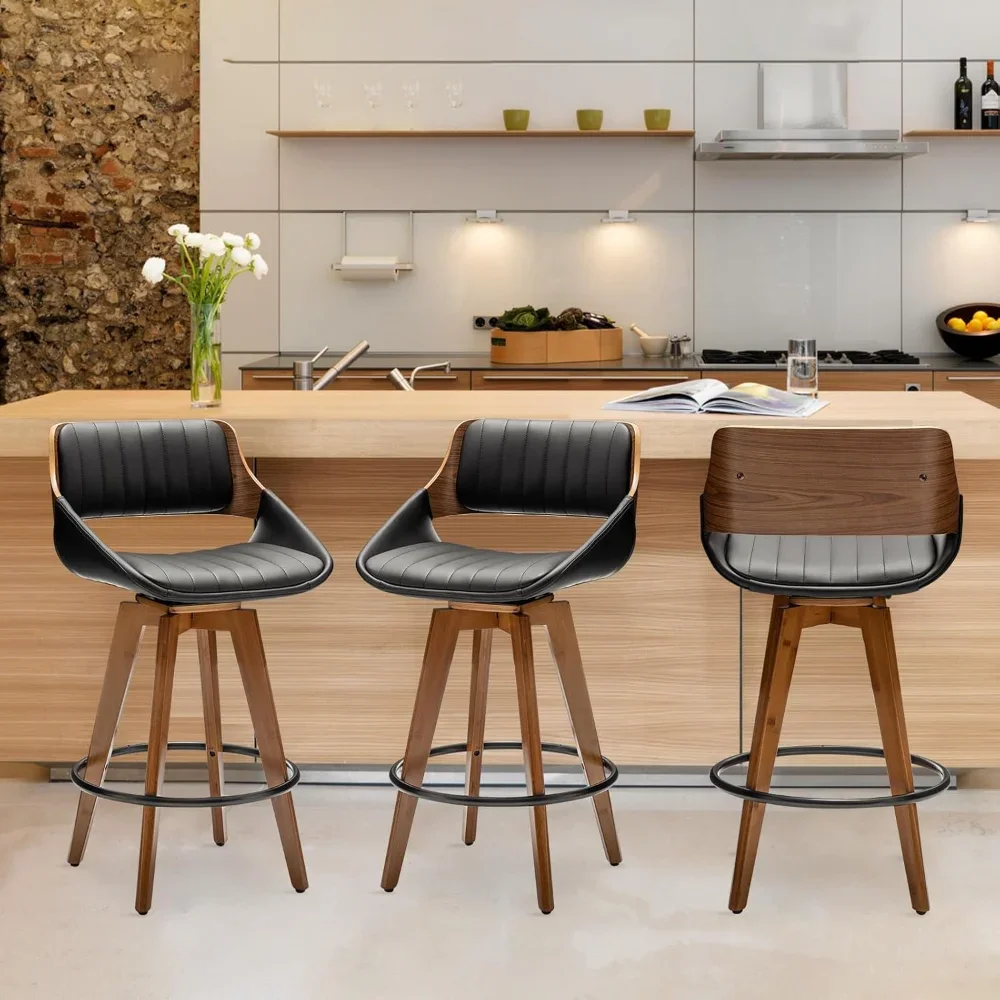 

Swivel Bar Stools Set of 2 Mid Century Modern Black Faux Leather Upholstered Counter Height Barstools,Kitchen Island Wooden