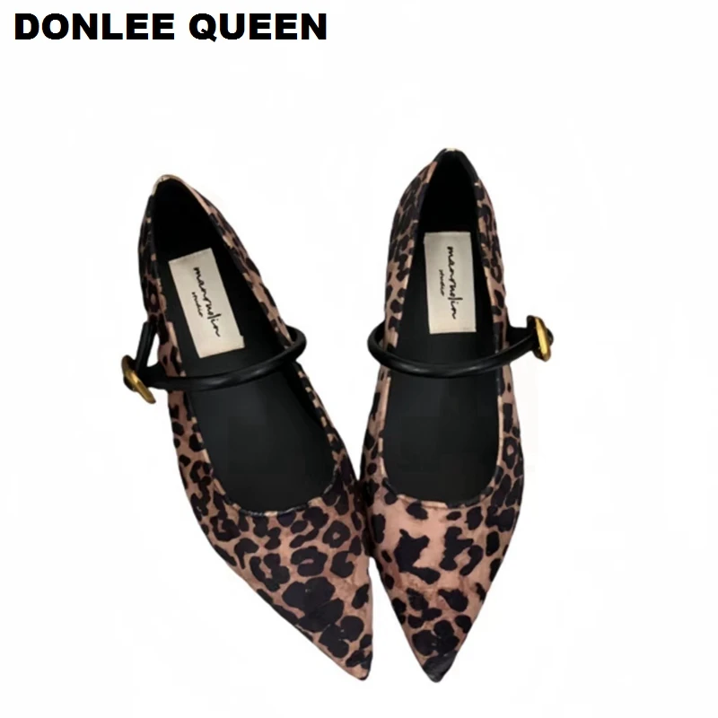 2024 Autumn Women Mary Jane Flats Shoes Fashion Brand Leopard Print Loafers Elegant Pointed Toe Moccasins Wedges Heels Ballerina