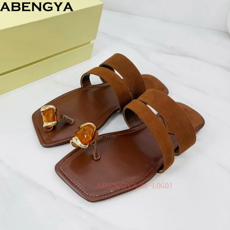 Summer Flip Flops Suede Leather Flat Slippers Women Crystal Decor Square Toe Women's Sandals Holiday Casual Slippers Women