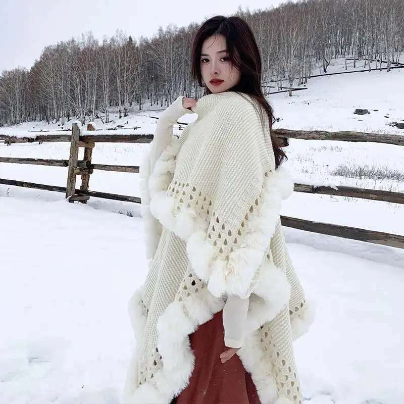 Autumn and Winter Warm Fur Paired with Skirt Shawl Cloak Women's Winter Knitted Super Fairy Sweater Cardigan Jacket Warm Cloak